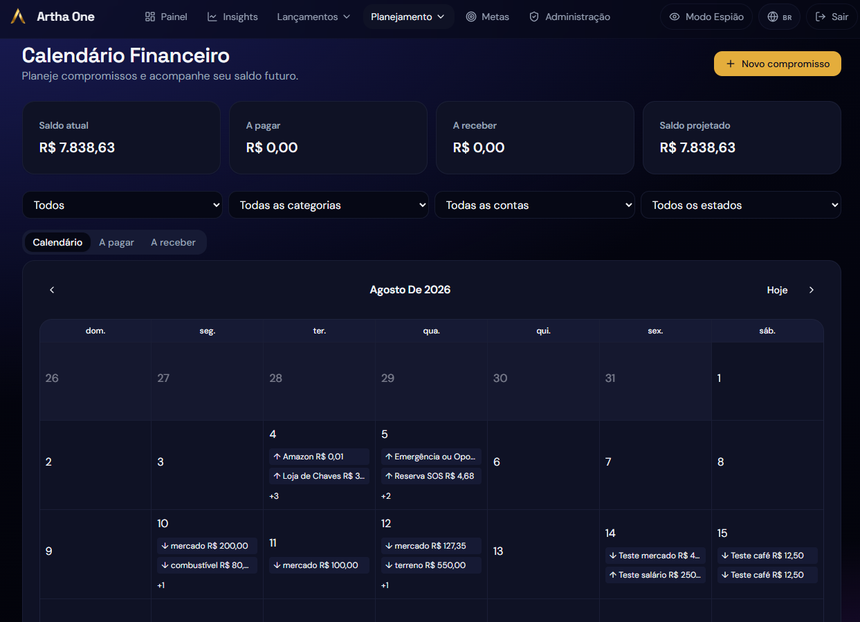 Calendário Financeiro do ARTHA ONE com compromissos e saldo projetado